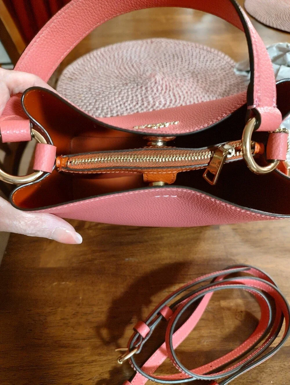 Coach Pink Pebbled Leather Shoulder Bag with Stripe Trim